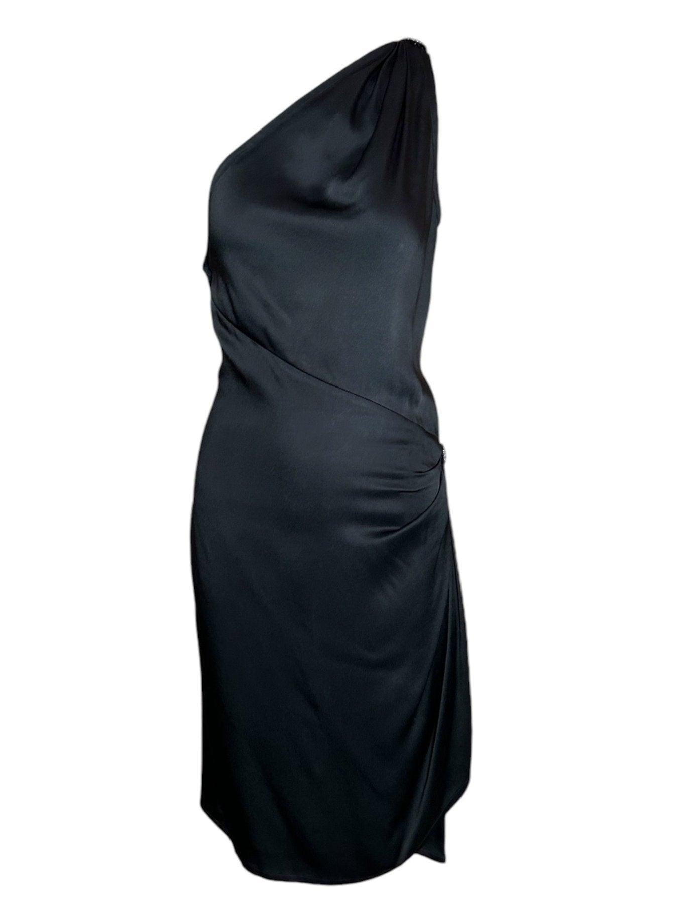 YSL Rive Gauche Black One Shoulder Ruched Hip Cocktail Dress, 1998 For Sale