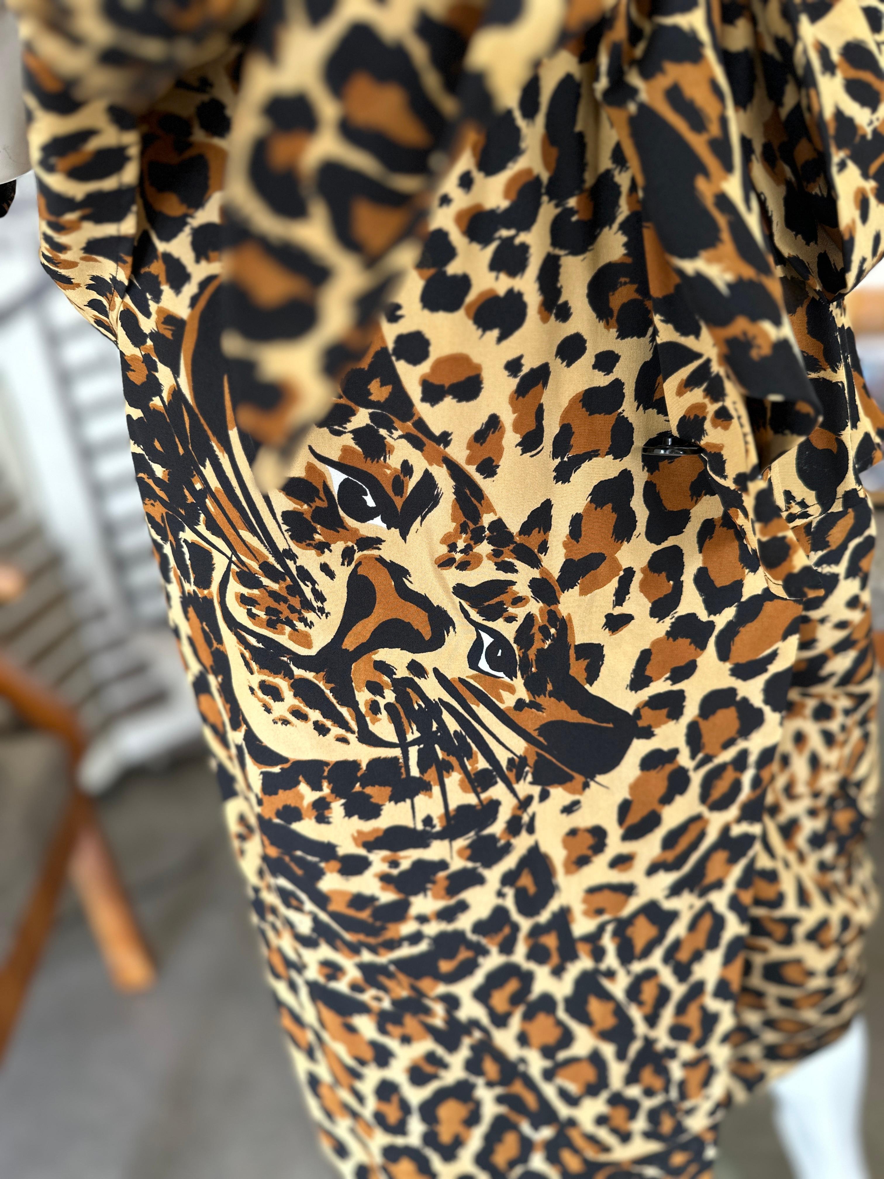 YSL Rive Gauche Fall 1986 Silk Leopard Print 3 Piece Cocktail Dress In Excellent Condition For Sale In Cloverdale, CA