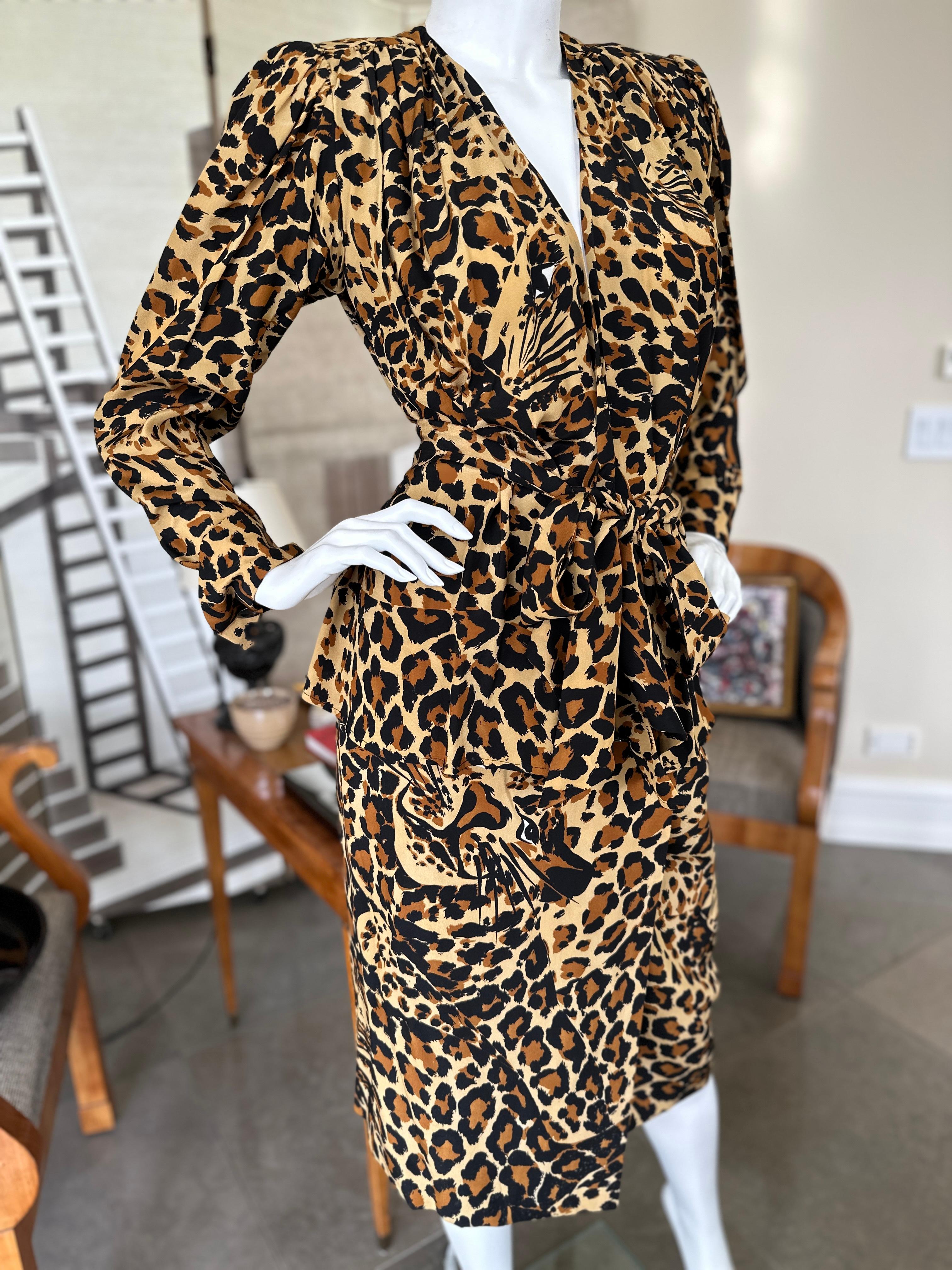 Women's YSL Rive Gauche Fall 1986 Silk Leopard Print 3 Piece Cocktail Dress For Sale