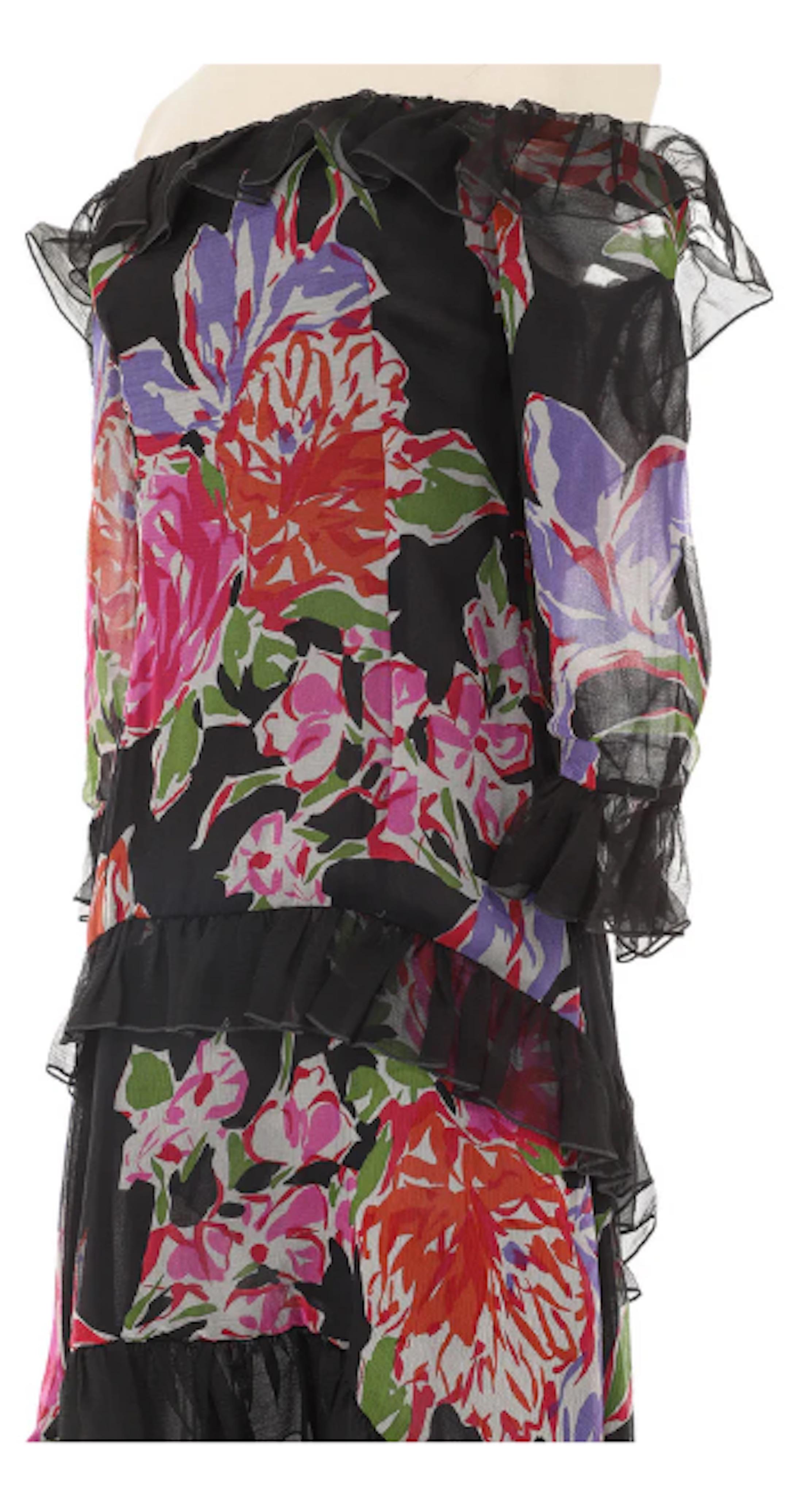 YSL Rive Gauche Otoño 1987 Vestido Floral Multicolor Con Bajo De Volantes Negro en venta