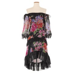 YSL Rive Gauche Otoño 1987 Vestido Floral Multicolor Con Bajo De Volantes