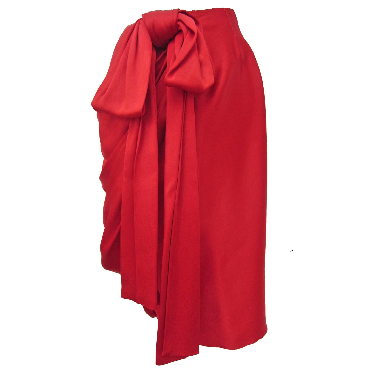 Women's YSL Rive Gauche Royal Red Satin Skirt With Bow 1985