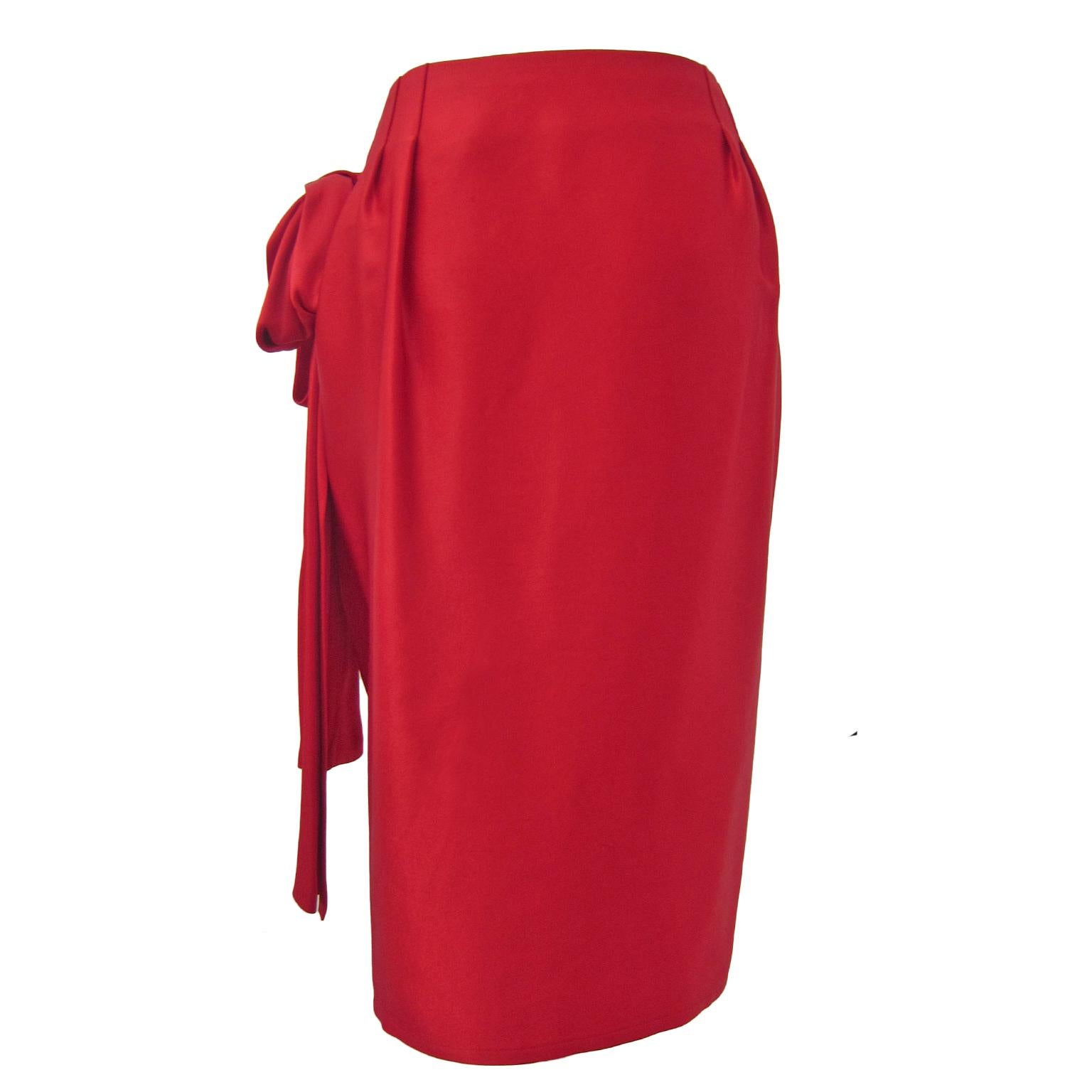 YSL Rive Gauche Royal Red Satin Skirt With Bow 1985 1