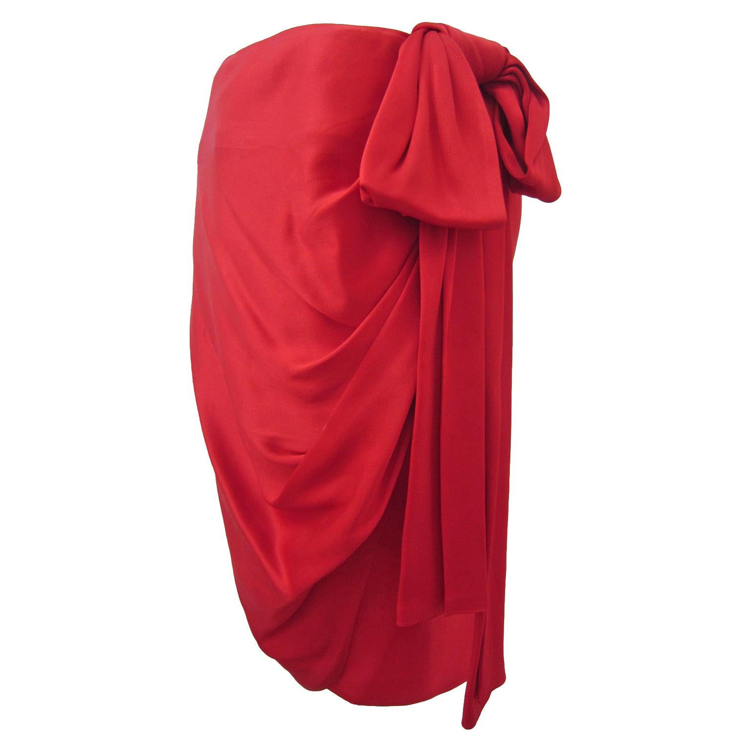 YSL Rive Gauche Royal Red Satin Skirt With Bow 1985