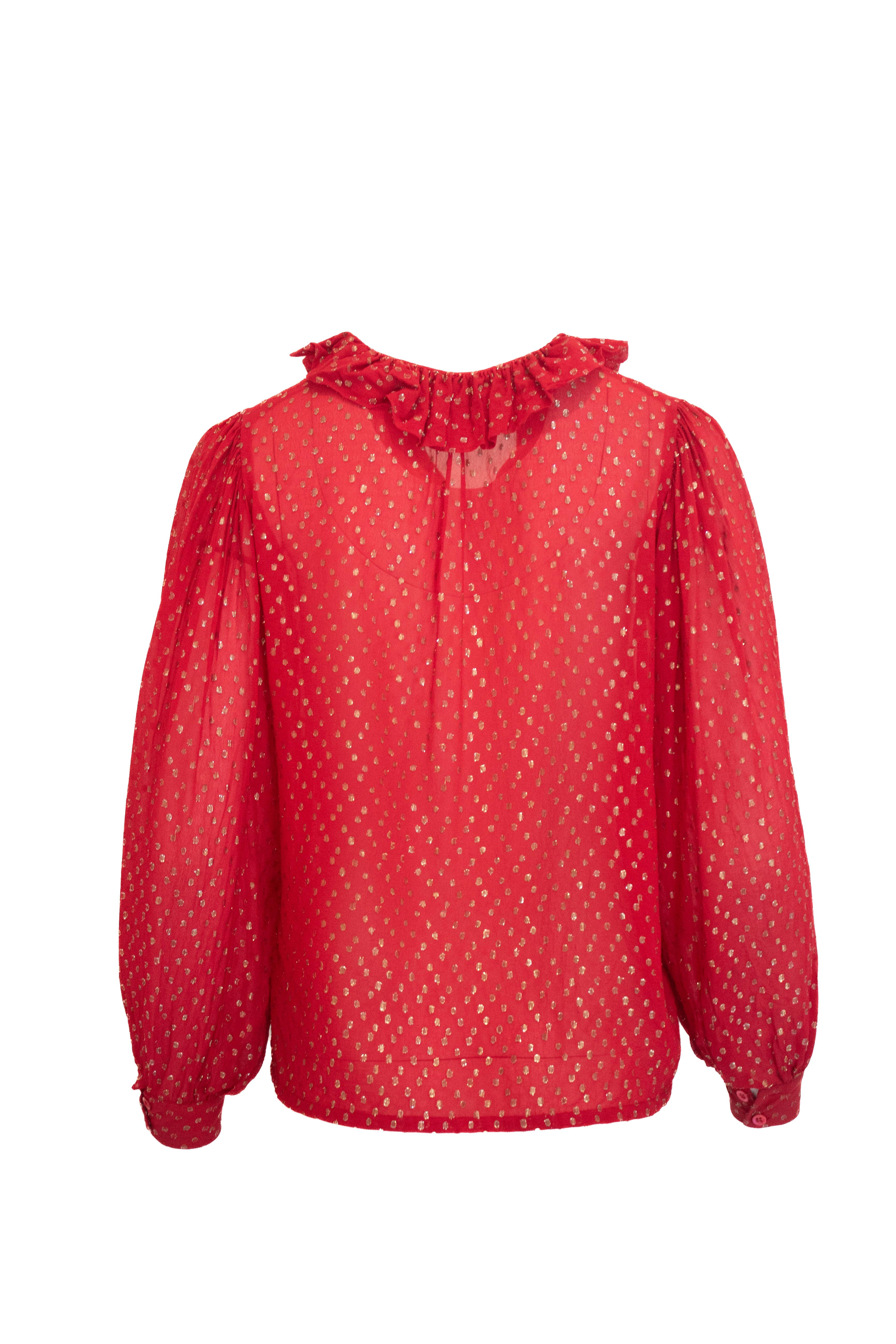 YSL Rive Gauche Vintage Blusa de Seda con Cuello Suizo de Lunares Rojos en venta 1