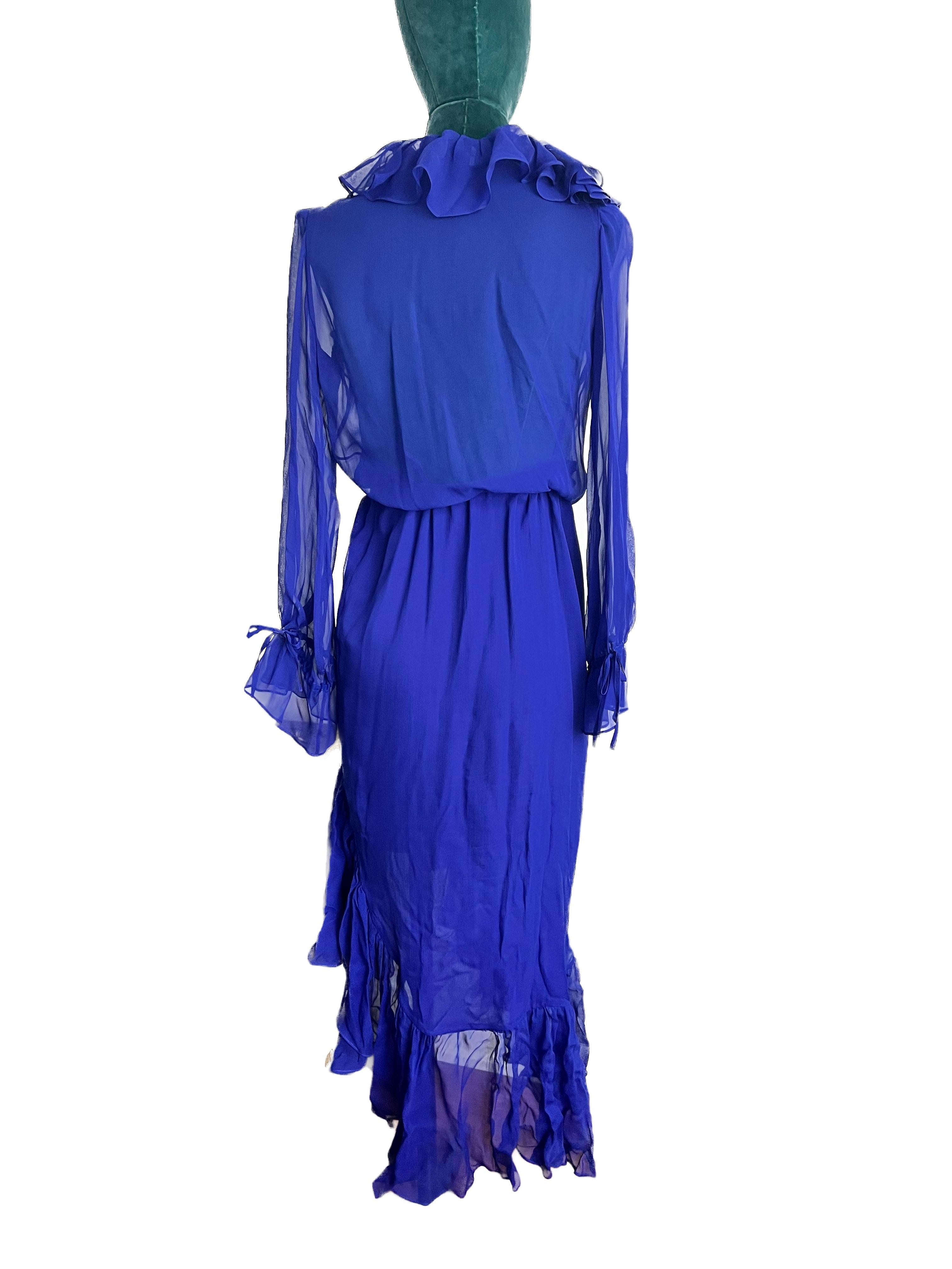 YSL Royal Blue Chiffon Wrap Ruffle Dress Size F38 In Excellent Condition In Toronto, CA