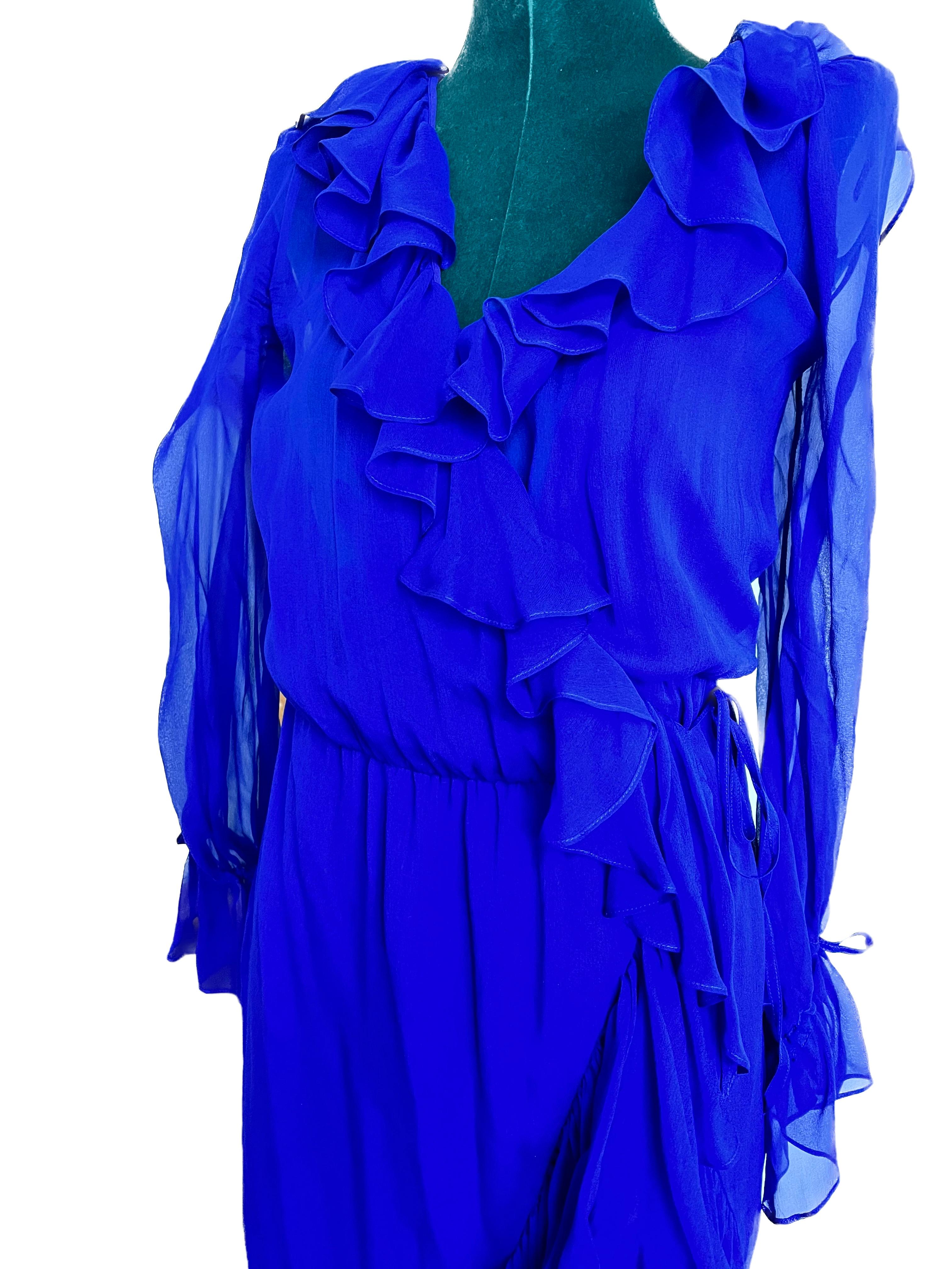 Women's YSL Royal Blue Chiffon Wrap Ruffle Dress Size F38