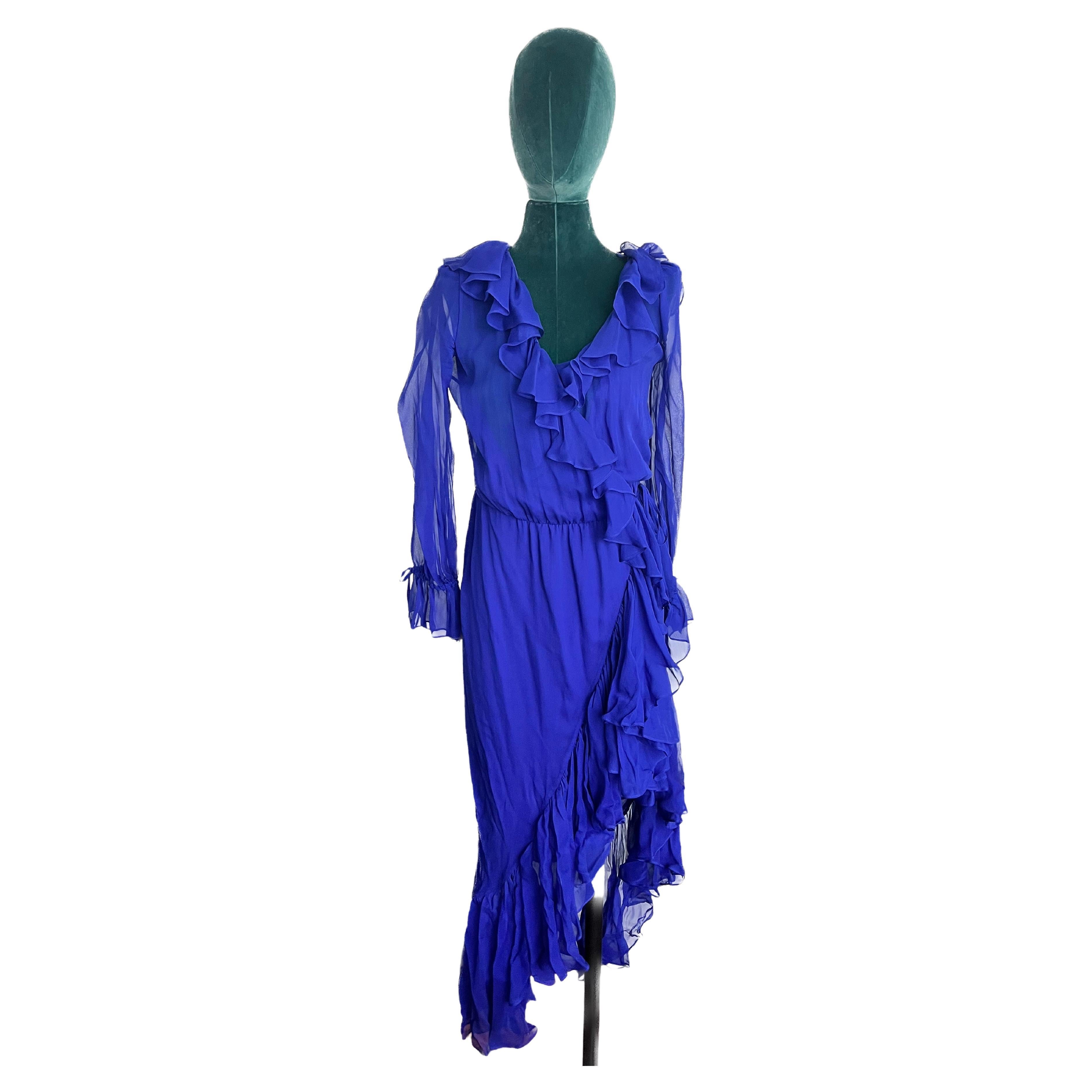 YSL Royal Blue Chiffon Wrap Ruffle Dress Size F38