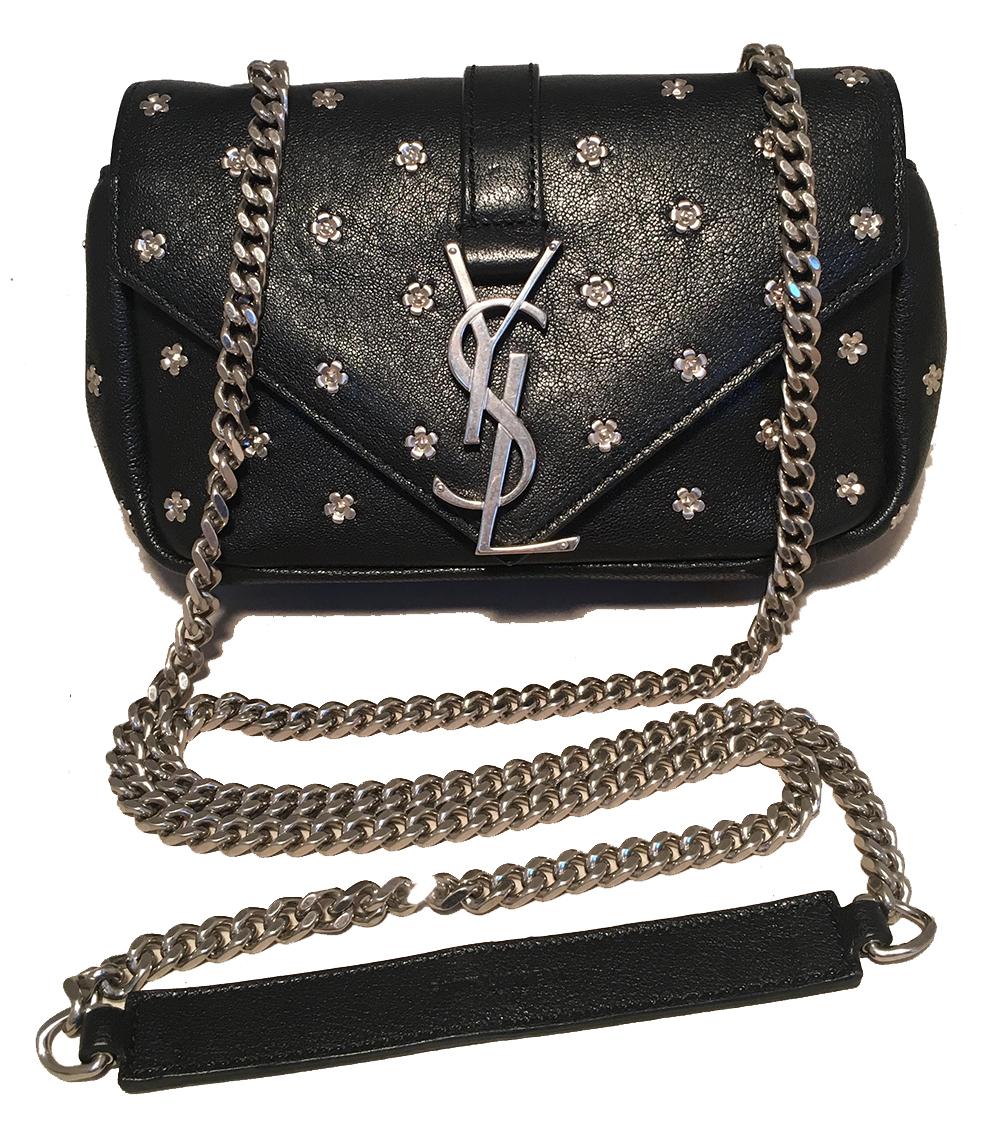 YSL Saint Laurent Black Leather Flower Studded Small Envelope Chain Shoulder Bag 5