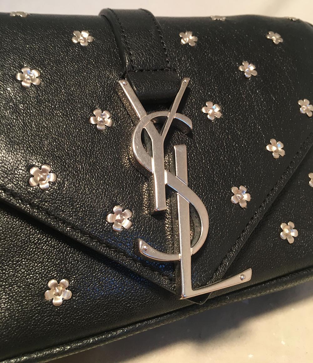 YSL Saint Laurent Black Leather Flower Studded Small Envelope Chain Shoulder Bag In Excellent Condition In Philadelphia, PA