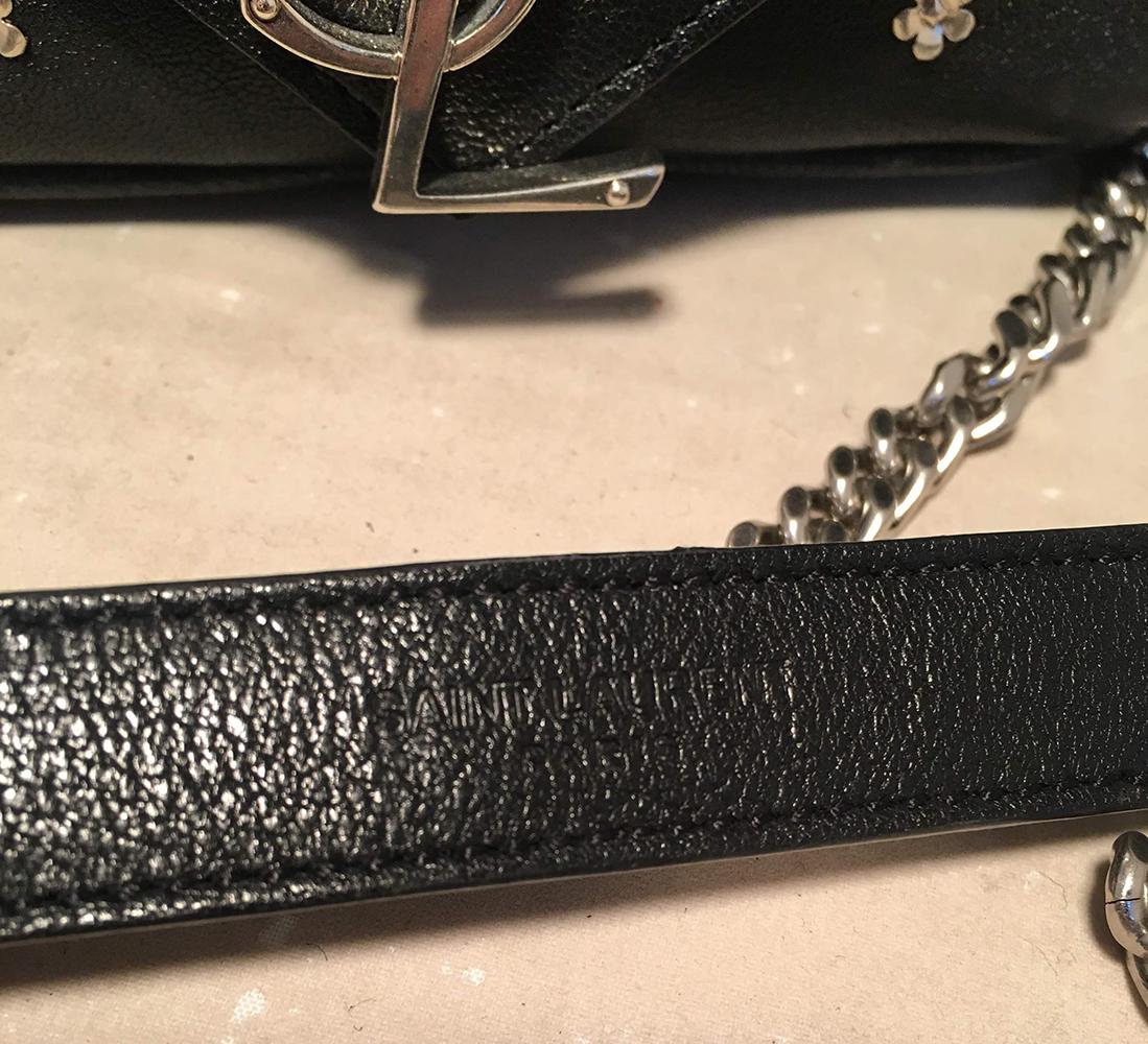 Women's YSL Saint Laurent Black Leather Flower Studded Small Envelope Chain Shoulder Bag