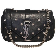 YSL Saint Laurent Black Leather Flower Studded Small Envelope Chain Shoulder Bag