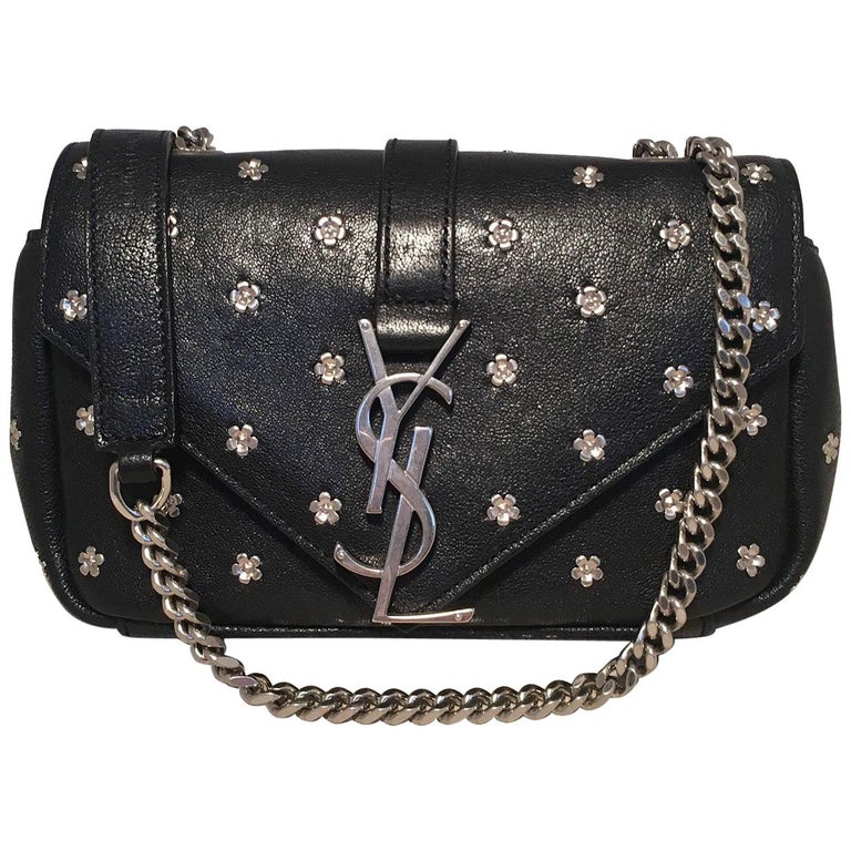 YSL Saint Laurent Black Leather Flower Studded Small Envelope Chain