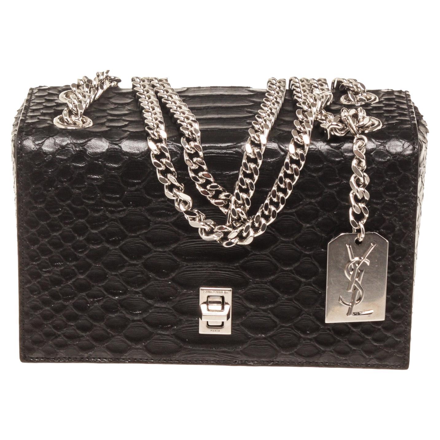 YSL Saint Laurent Black Python Embossed Minaudiere Camera Bag