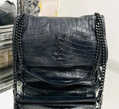 YSL - Saint Laurent Croc Embossed Leather Flap Bag