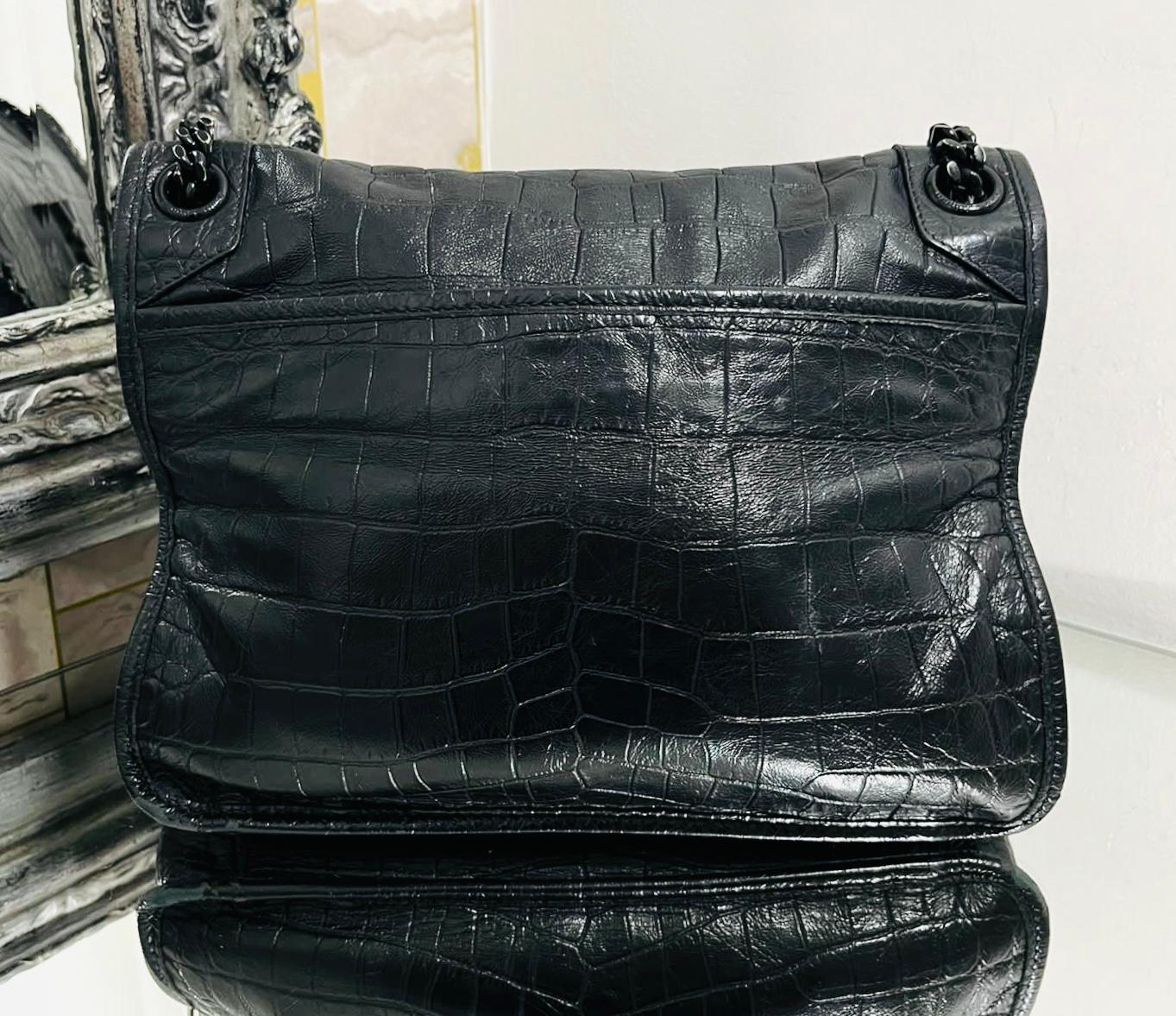 YSL - Saint Laurent Croc Embossed Leather Flap Bag In Good Condition In London, GB