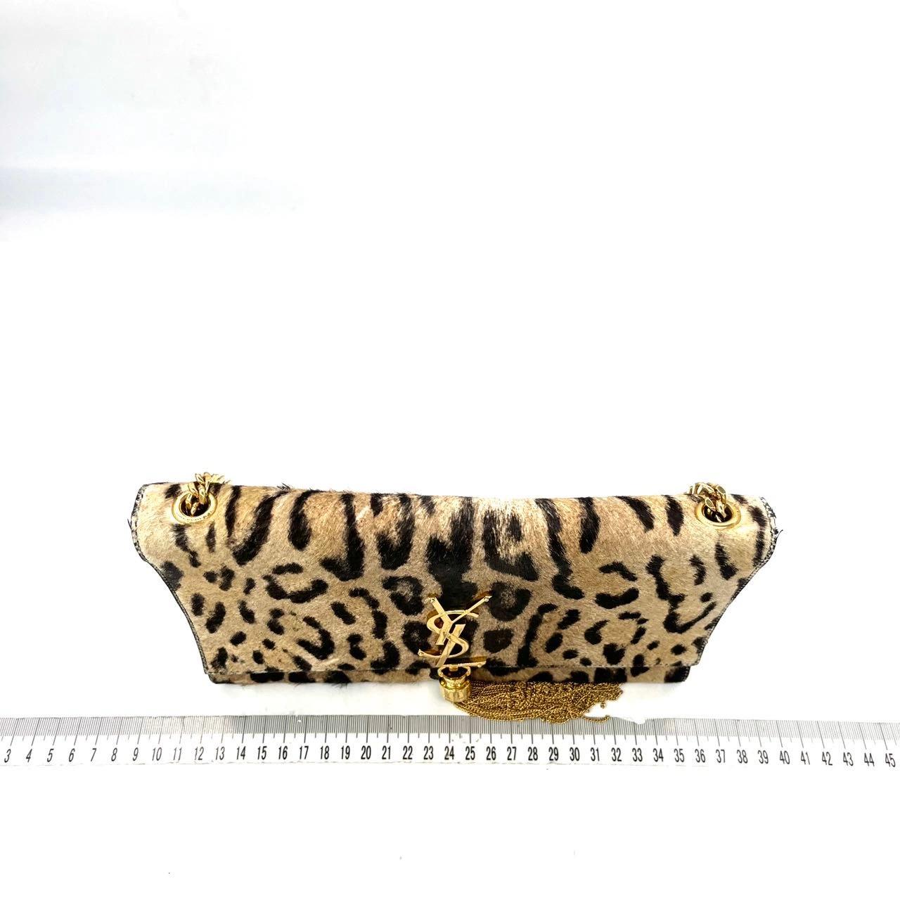 YSL Saint Laurent Kate Small Pony-style Calfskin Leather Leopard Print Tassle (Beige) im Angebot