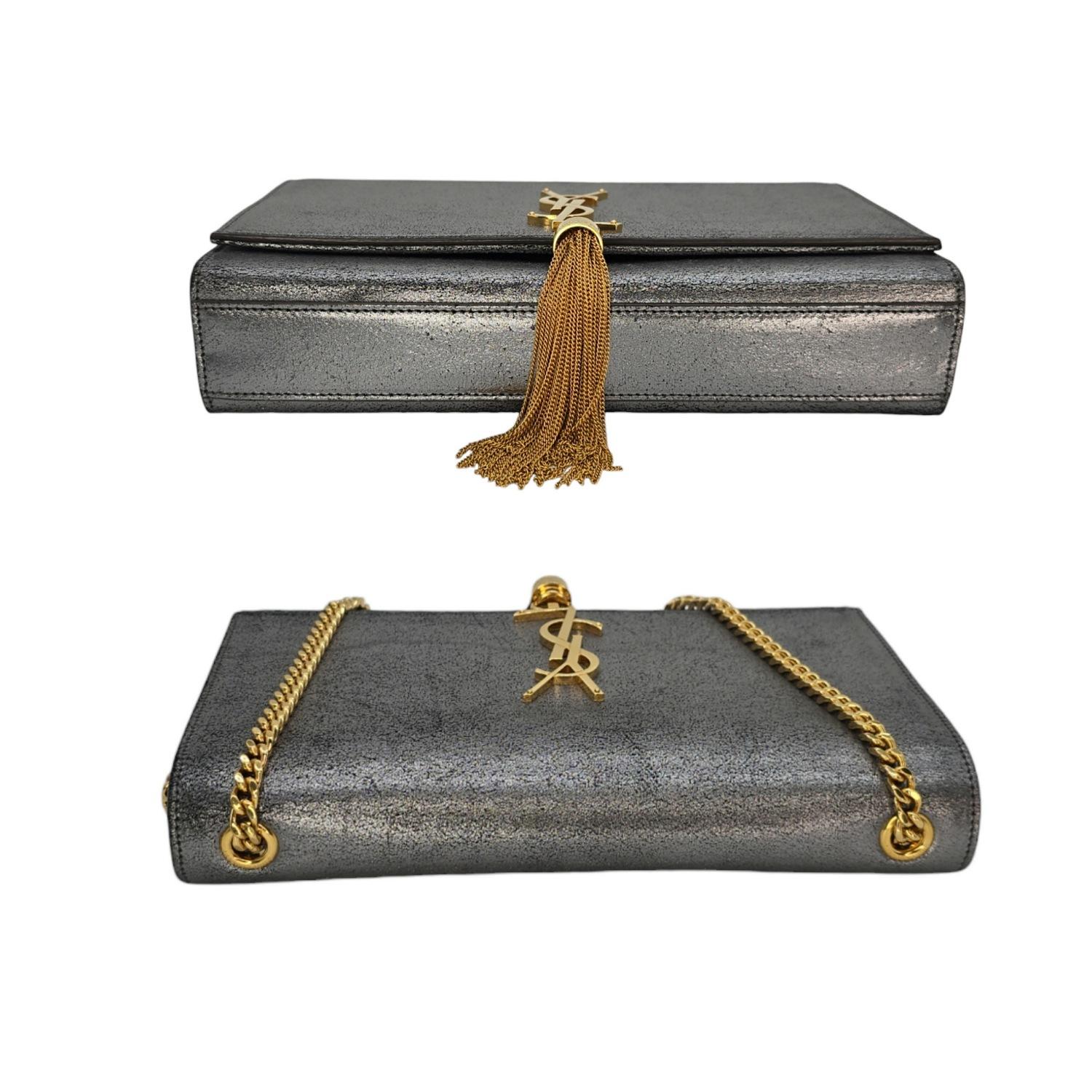 YSL Saint Laurent Metallic Silver Medium Kate Chain Shoulder Bag For Sale 1