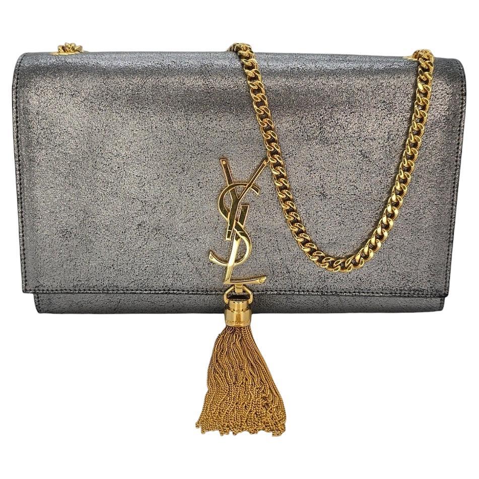 YSL Saint Laurent Metallic Silver Medium Kate Chain Shoulder Bag