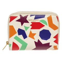 YSL Saint Laurent White Multicolor Pebbled Leather Compact Zippy Wallet