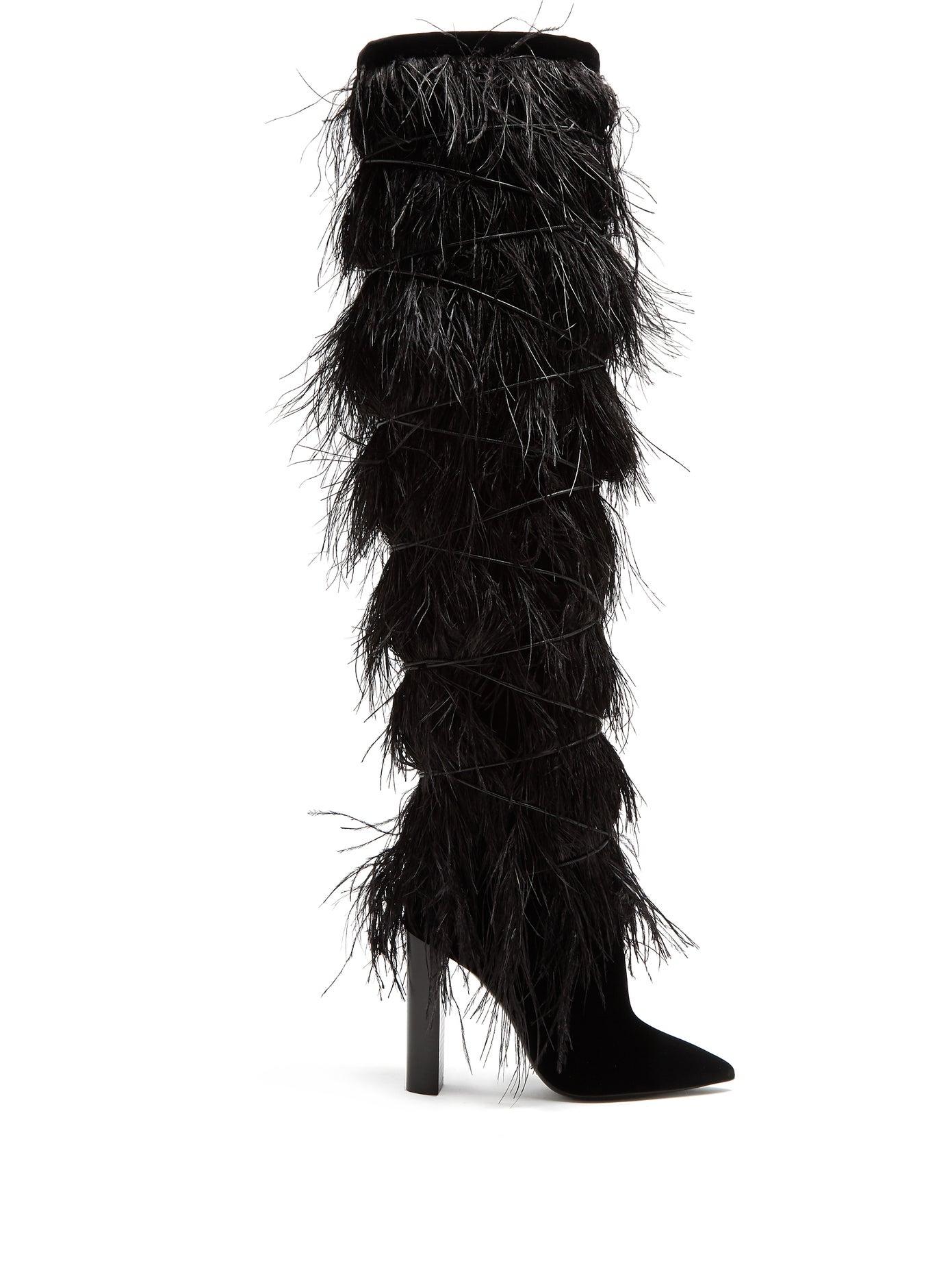 Saint Laurent Yeti Black Ostrich Feather Boots Runway (38 EU) For Sale at  1stDibs | ysl ostrich boots, ysl fur boots, ysl yeti boots
