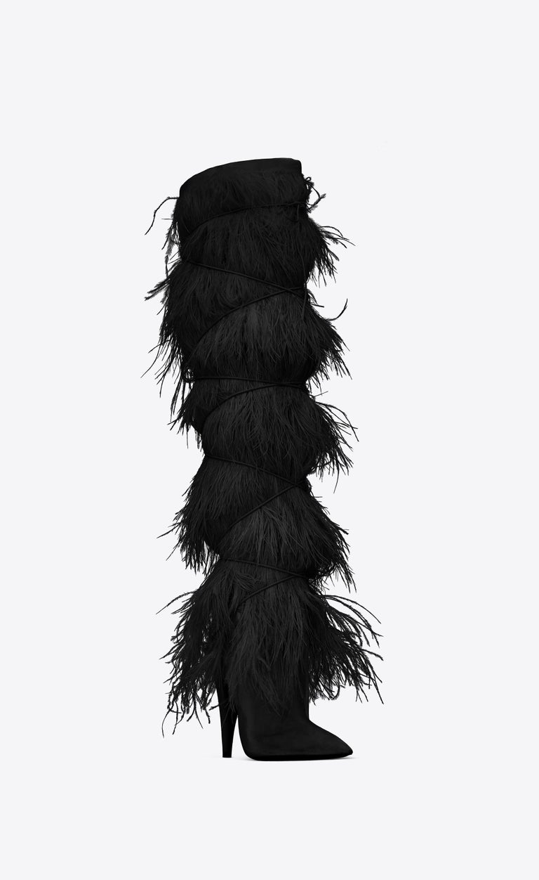Saint Laurent Yeti Black Ostrich Feather Boots Runway (38 EU) In New Condition For Sale In Montreal, Quebec
