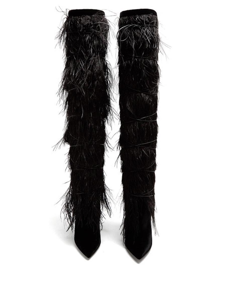 Women's Saint Laurent Yeti Black Ostrich Feather Boots Runway (38 EU) For Sale