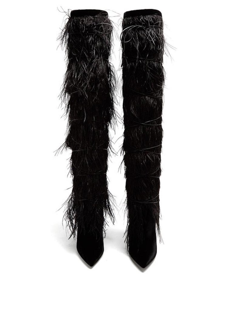 Saint Laurent Yeti Black Ostrich Feather Boots Runway (38 EU) For Sale 3