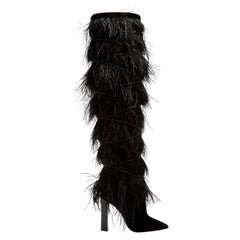 Used Saint Laurent Yeti Black Ostrich Feather Boots Runway (38 EU)