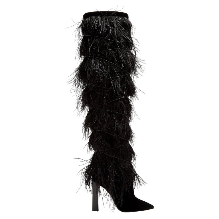 Saint Laurent Yeti Black Ostrich Feather Boots Runway (38 EU) For Sale