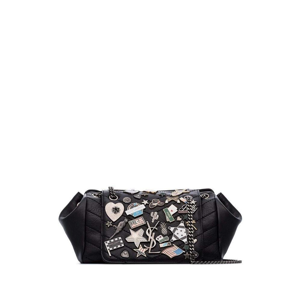 Women's YSL Small Nolita Black Leather Badge Embellished Shoulder Bag For Sale