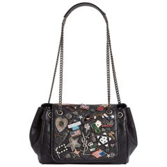 YSL Small Nolita Black Leather Badge Embellished Shoulder Bag