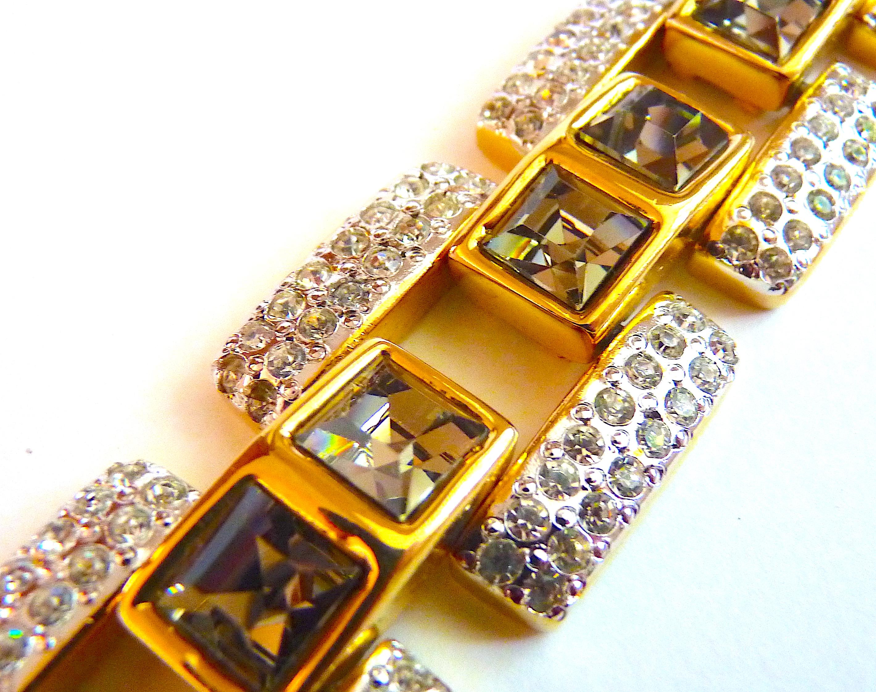 Art Deco YSL Smoked Crystals & Gold Tone Metal Chunky Bracelet, Vintage from the 1990s For Sale