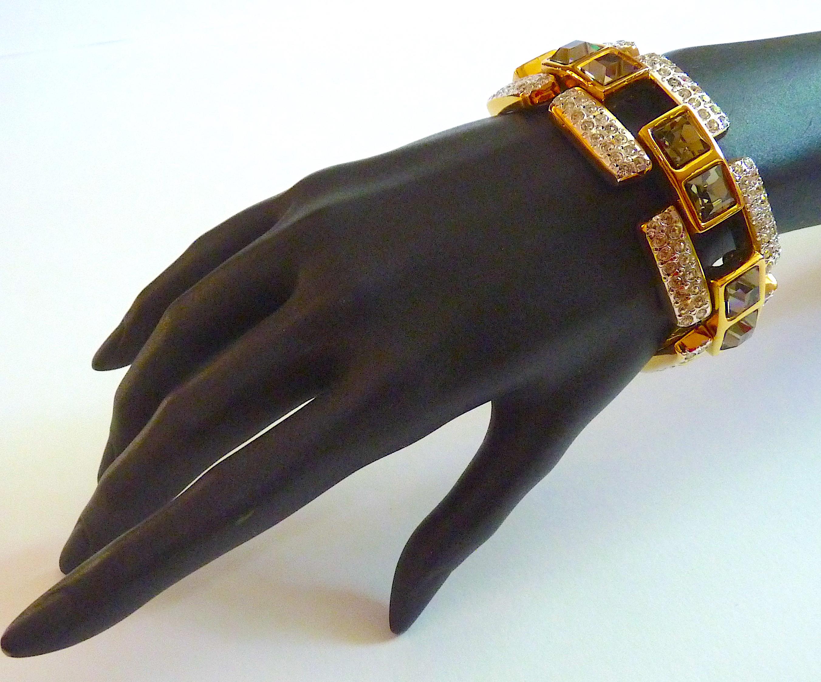 Women's YSL Smoked Crystals & Gold Tone Metal Chunky Bracelet, Vintage from the 1990s For Sale