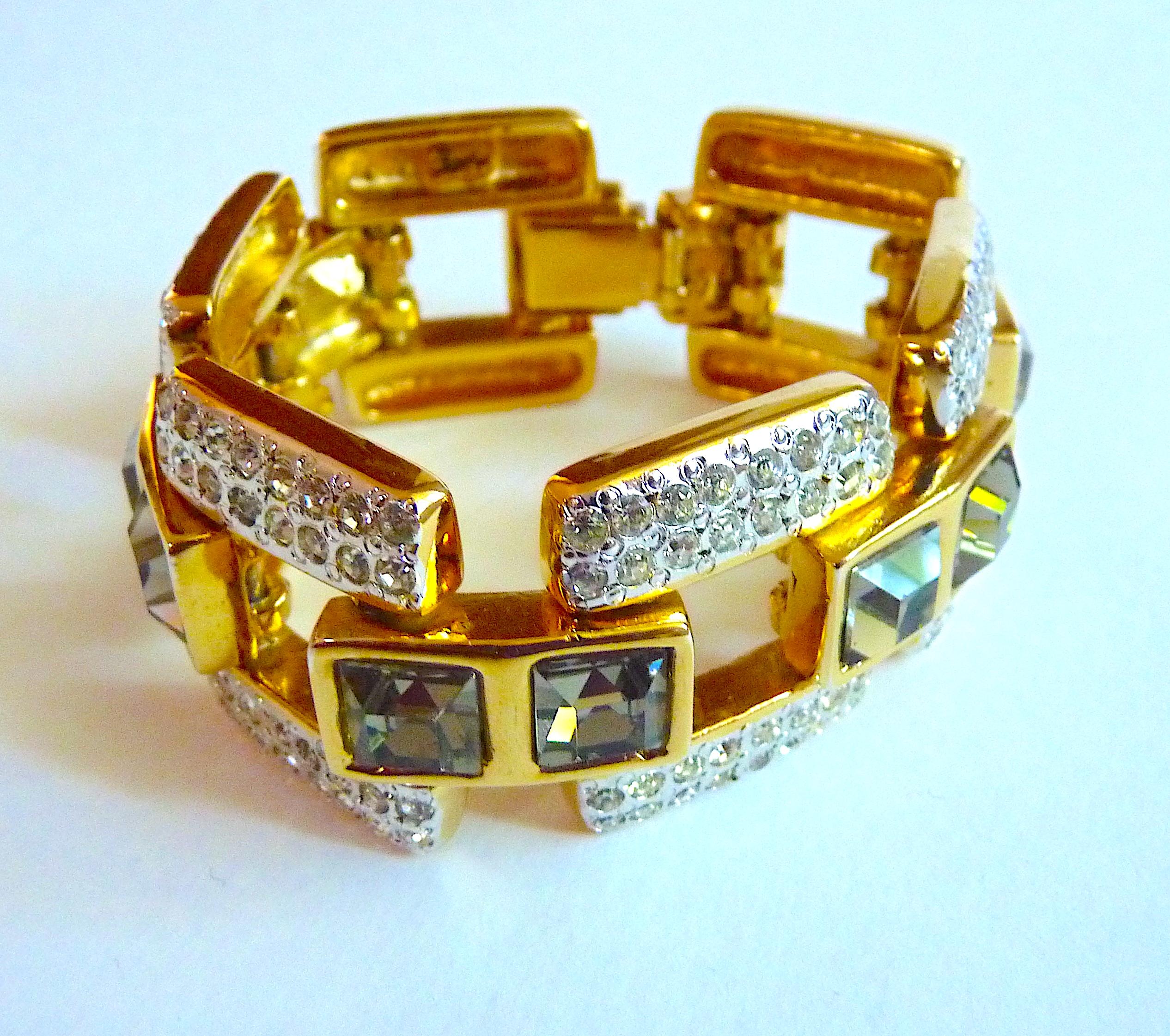 The YSL Smoked Crystals & Gold Tone Metal Chunky Bracelet, Vintage des années 1990 en vente 3