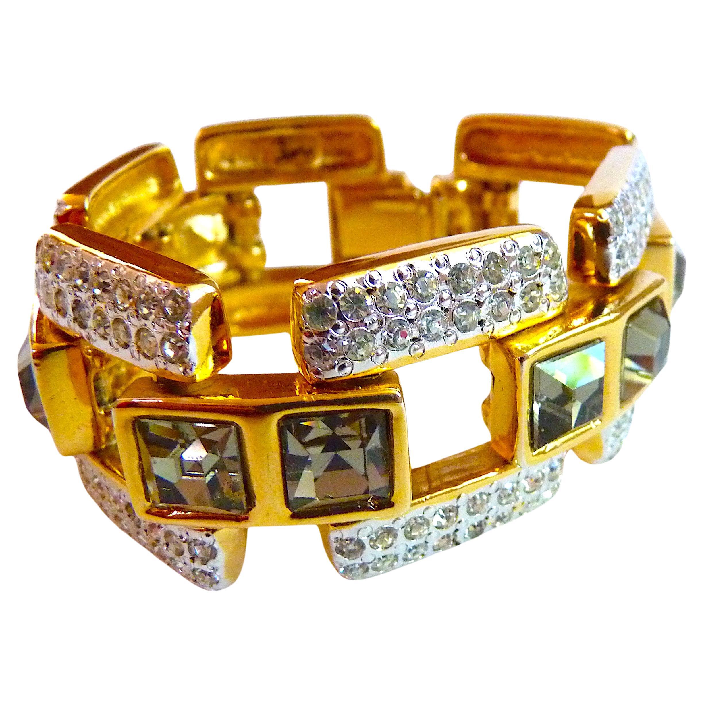 The YSL Smoked Crystals & Gold Tone Metal Chunky Bracelet, Vintage des années 1990 en vente