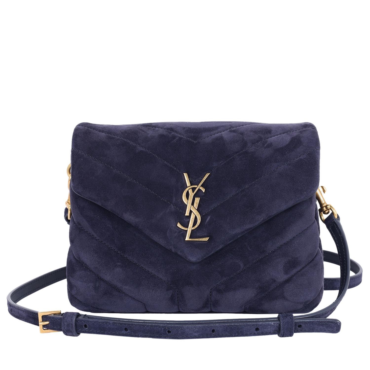 Authentic, pre-owned Saint Laurent Loulou Quilted Crossbody Bag in Blue. Features chevron quilted suede and leather in dark blue, magnetic snap front flap closure, gold hardware, YSL gold tone logo, large dual pocket black interior with slip pocket