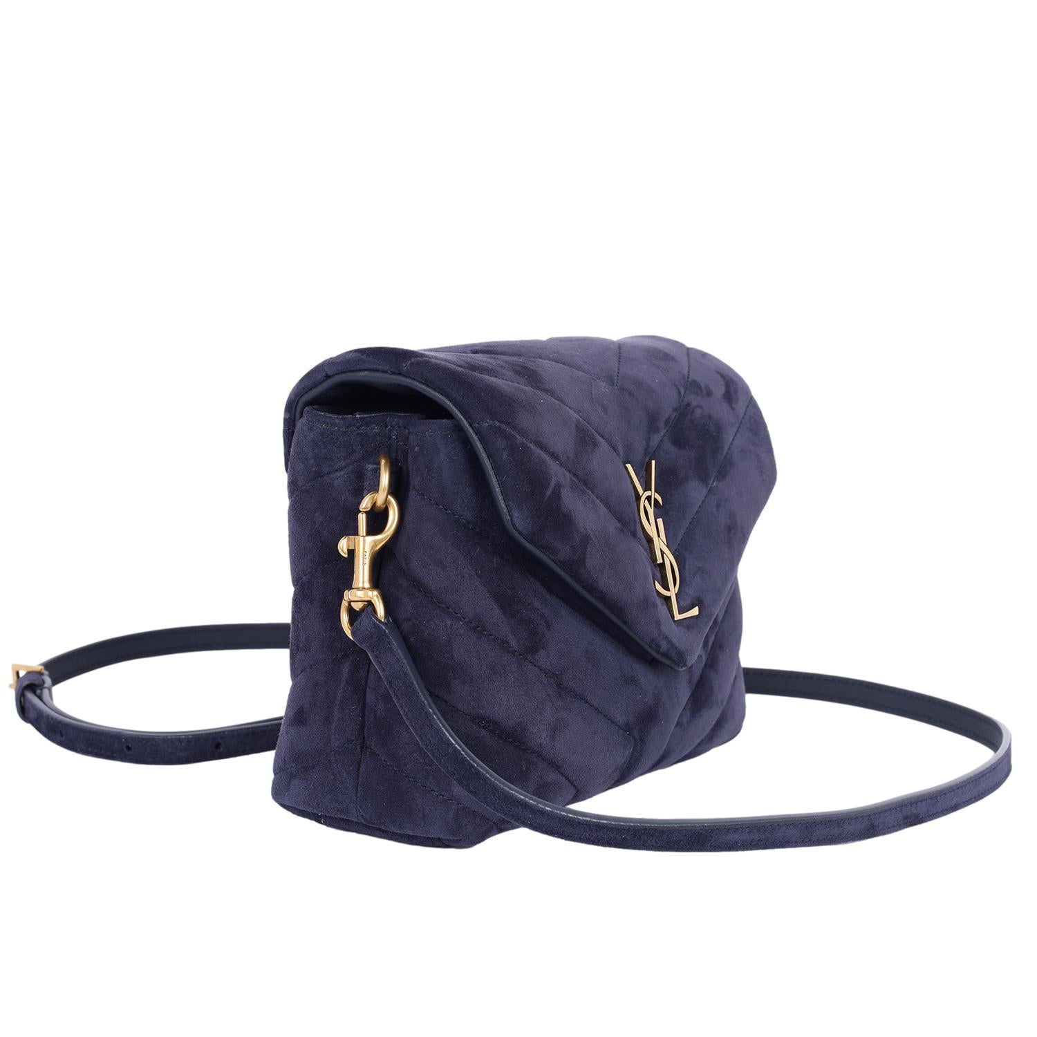 Women's YSL Suede Toy Loulou Shoulder Bag Deep Marine Blue