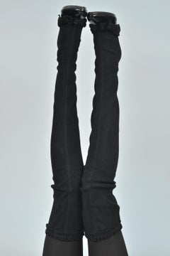 Ysl Tom Ford Black Suede & Leather Thigh High Boots With Bow Detail 2002