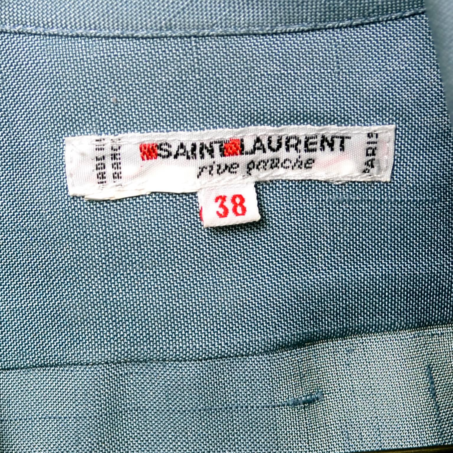 Women's YSL Vintage Bow Blouse Blue Raw Silk Yves Saint Laurent France Size 38