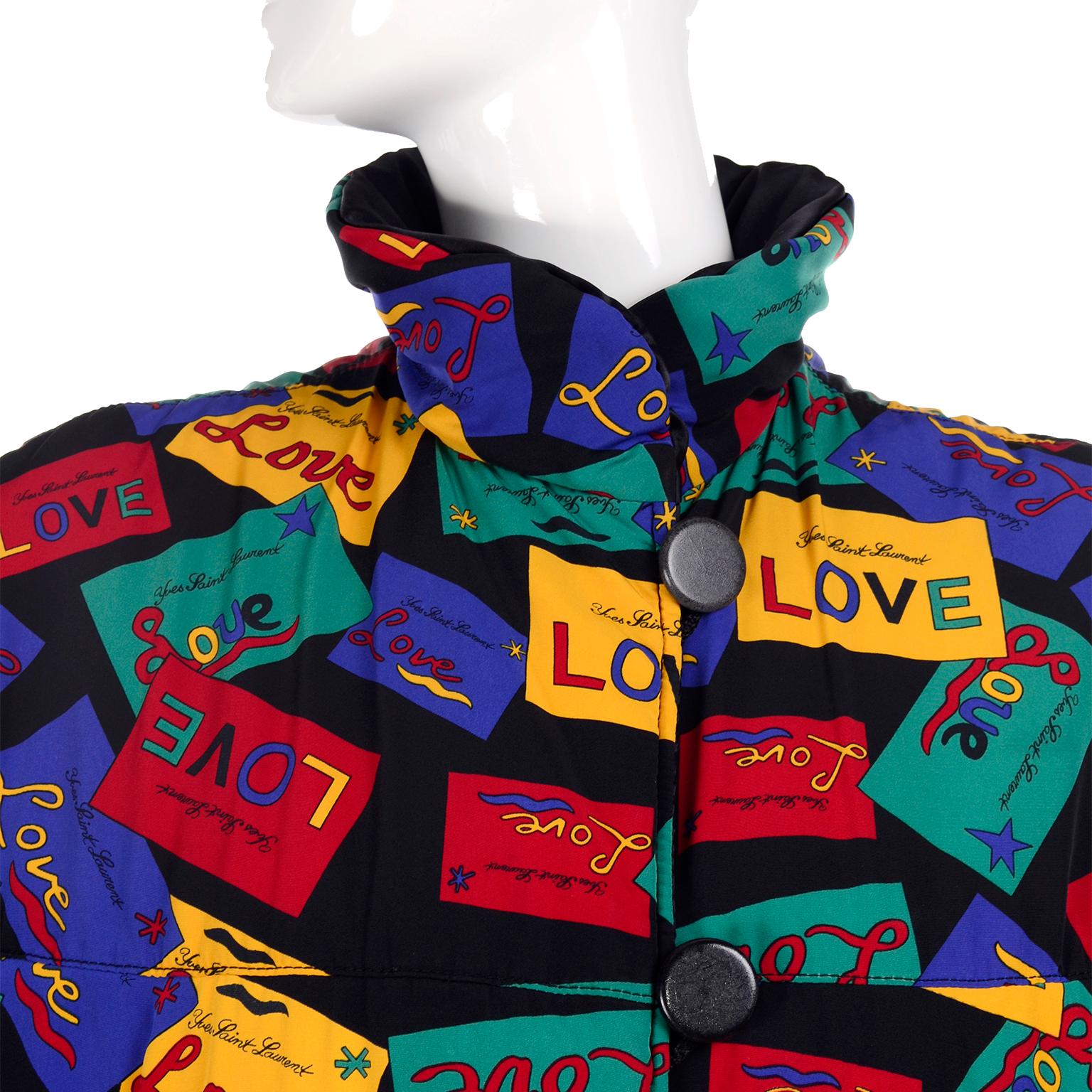 This is a great 1980's reversible puffy jacket with YSL's signature LOVE designs. We love vintage YSL and were thrilled to be asked to handle an estate of wonderful vintage Yves Saint Laurent pieces from the 1970's, 1980's and early 1990's. This