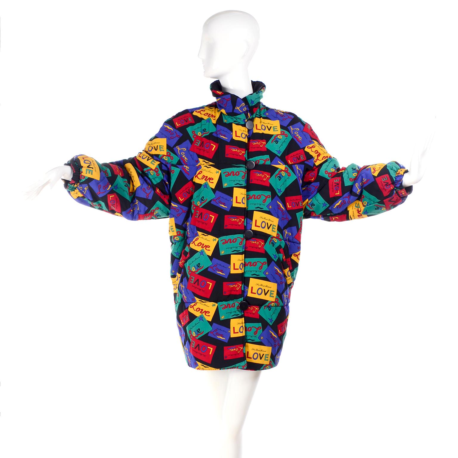 Black YSL Vintage Coat Yves Saint Laurent Colorful Love Cards Print Reversible Jacket