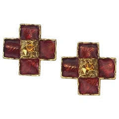 YSL Vintage Cross Clip-on Earrings in Gilt Metal and Red Molten Glass