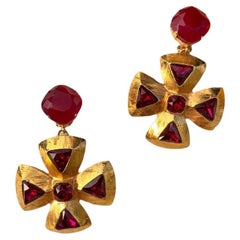 YSL vintage cross haute couture earrings clips unused gold plated 