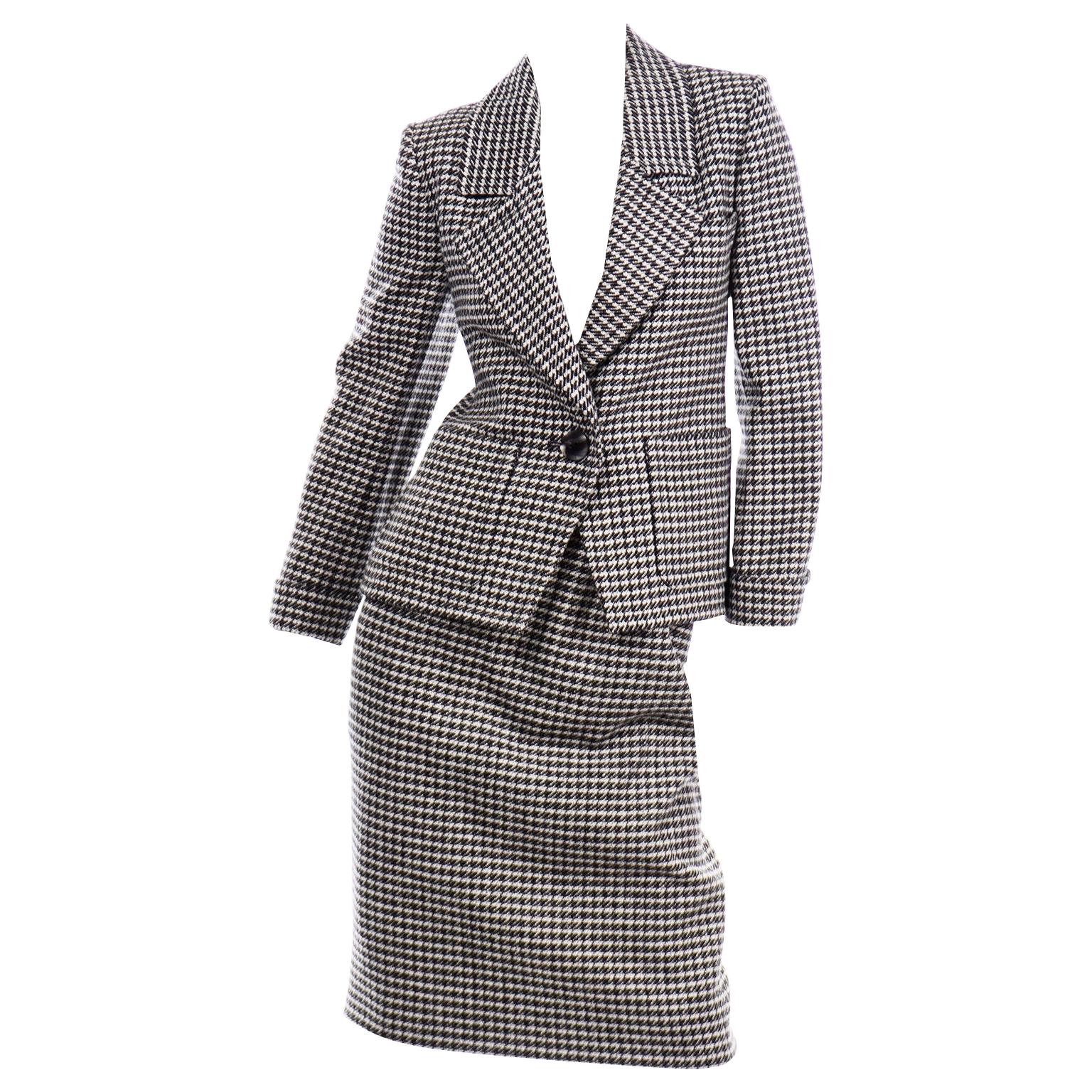 YSL Vintage Suit Houndstooth Wool Skirt Blazer Yves Saint Laurent Rive Gauche