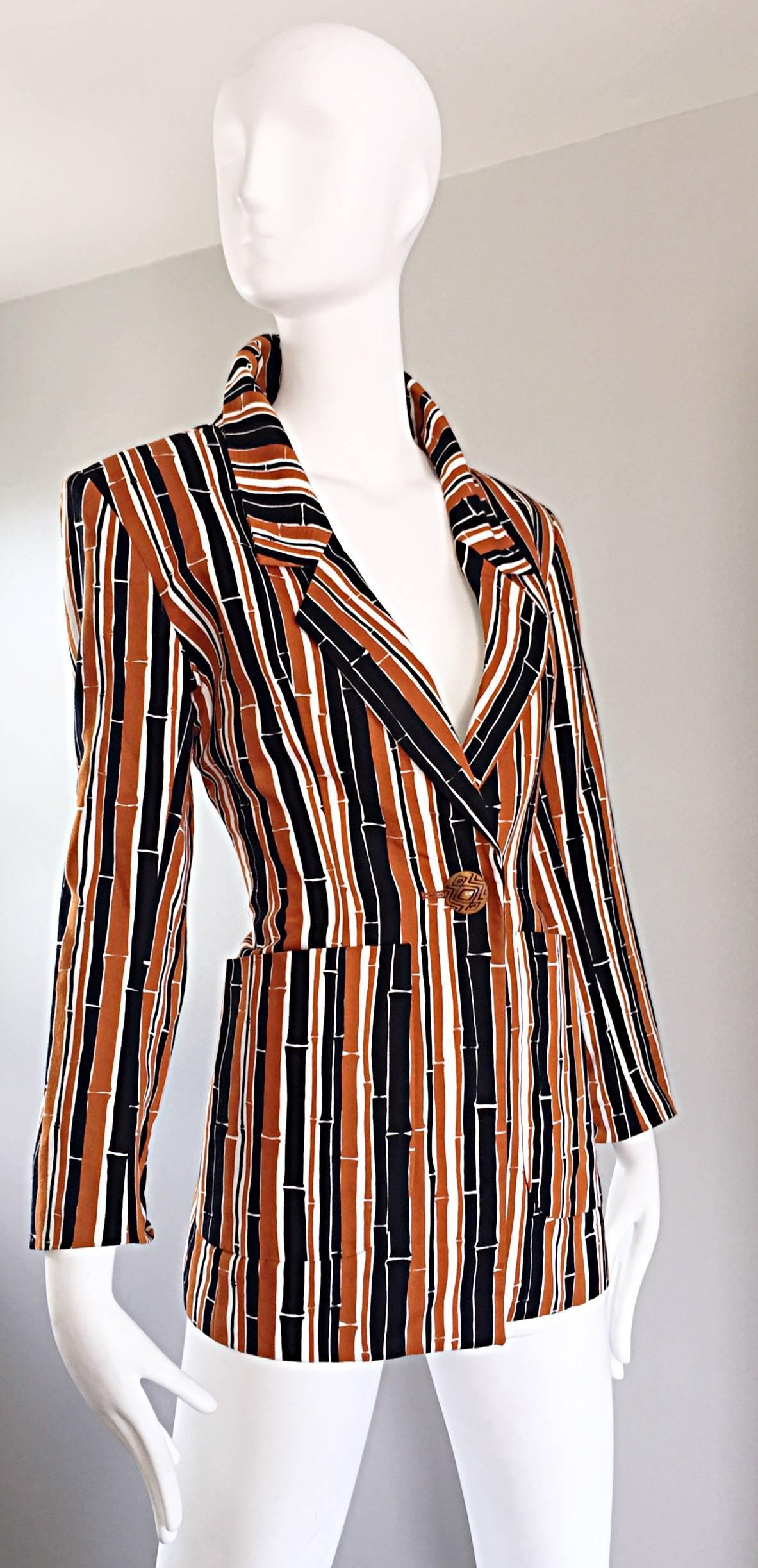 Women's YSL Vintage Yves Saint Laurent Rive Gauche Bamboo Print Cotton Blazer Jacket 
