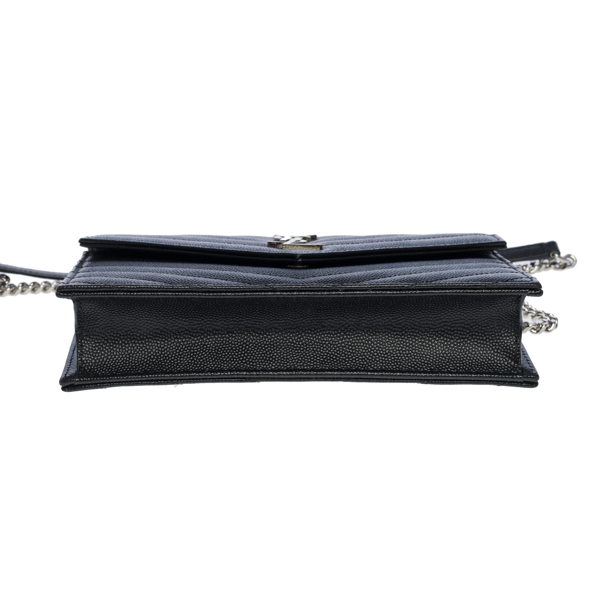 YSL Wallet On Chain shoulder bag in black caviar calf leather herringbone, SHW 6