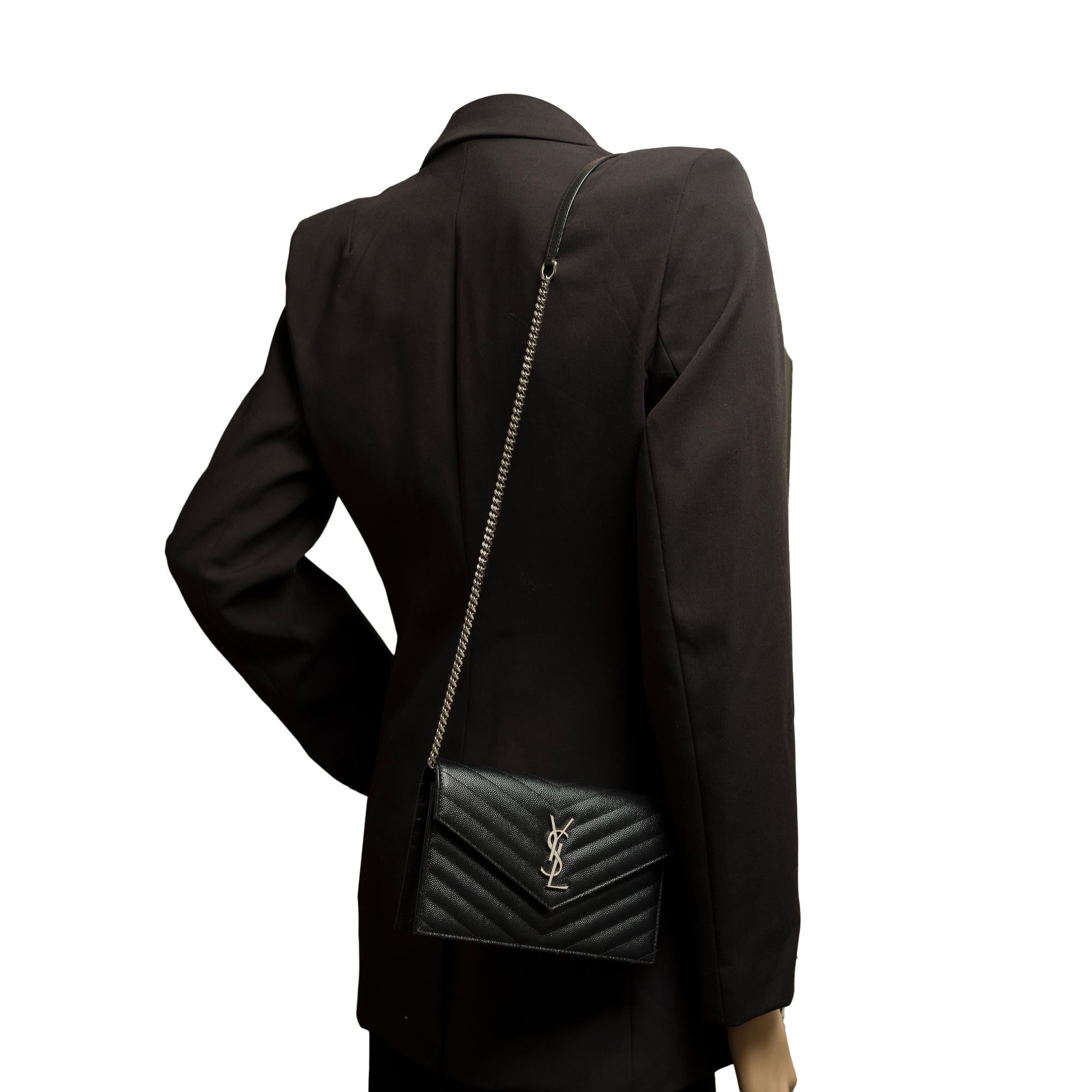 YSL Wallet On Chain shoulder bag in black caviar calf leather herringbone, SHW 8