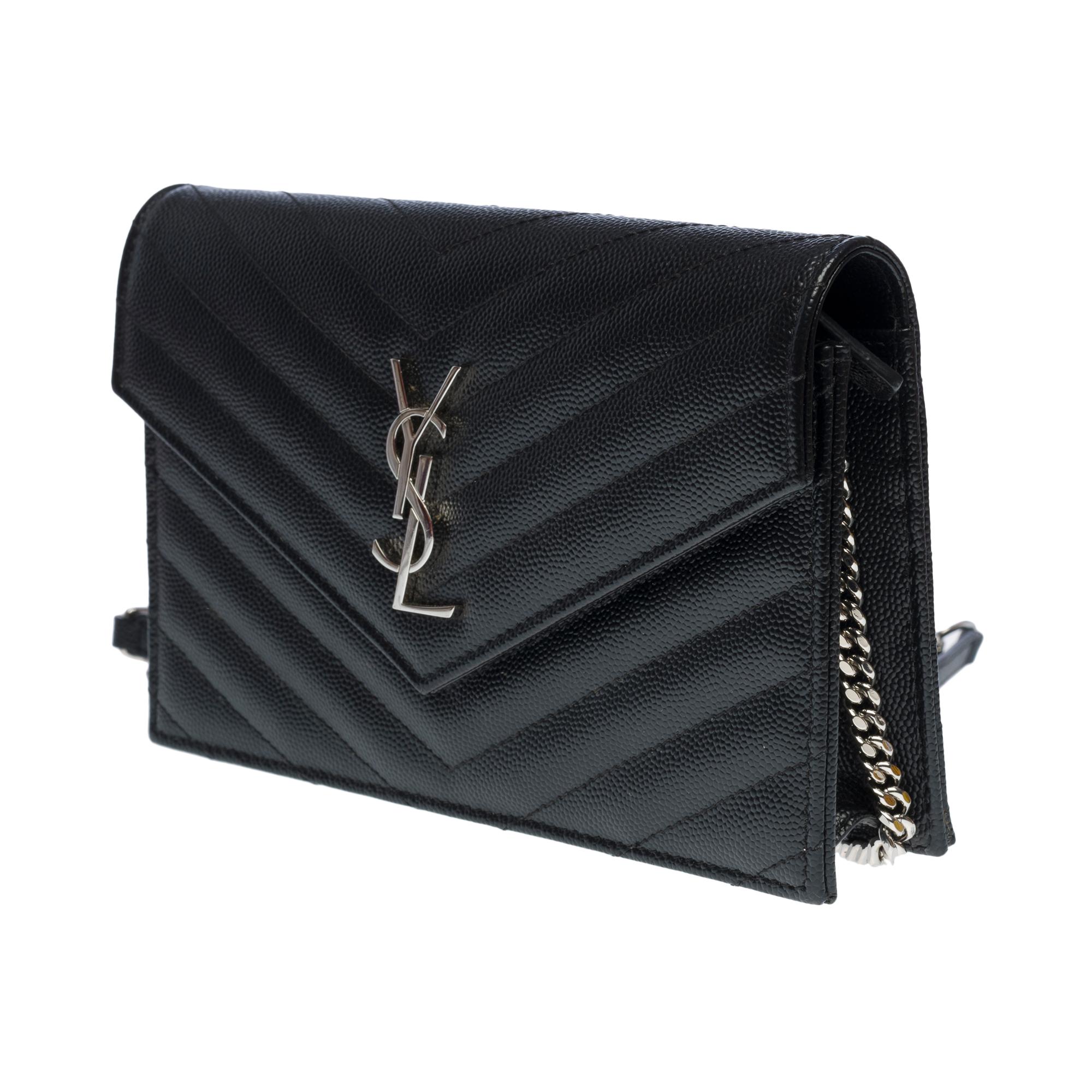 Women's or Men's YSL Wallet On Chain shoulder bag in black caviar calf leather herringbone, SHW
