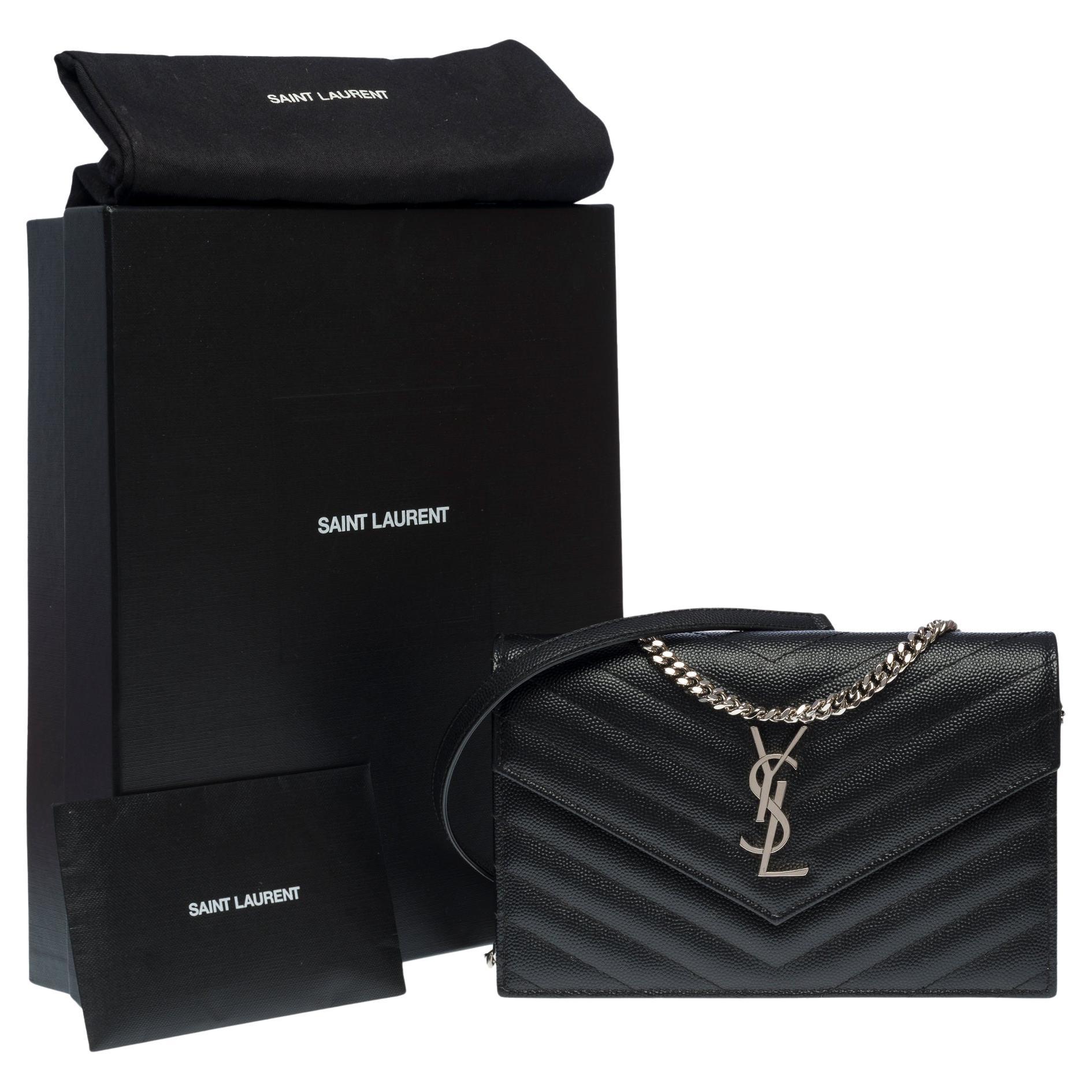 YSL Wallet On Chain shoulder bag in black caviar calf leather herringbone, SHW